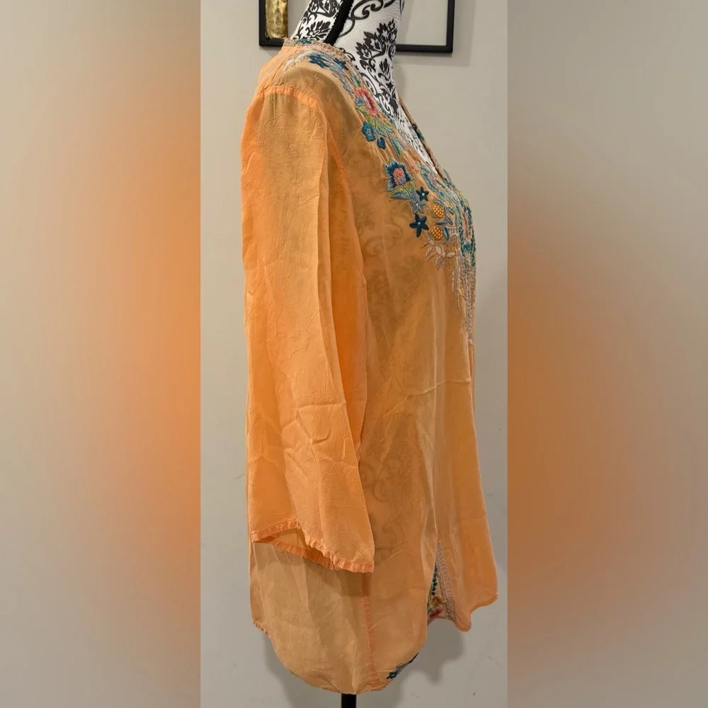 Johnny Was Peach Embroidered V-Neck Top - Picture 5 of 9